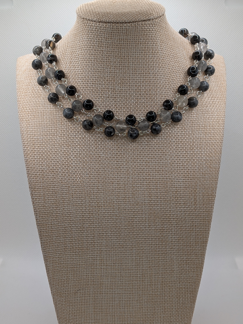 Triple Strand Gemstone Choker Necklace - Larvikite, Banded Onyx, Smokey Quartz